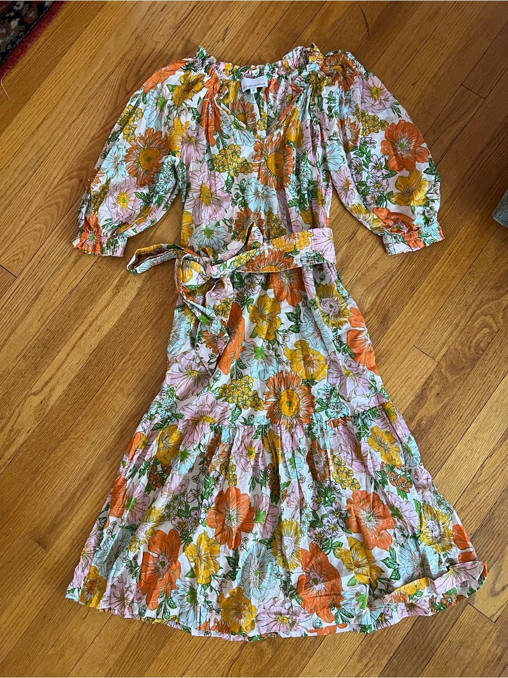 Gilner Farrar Beautiful Floral Puff-Sleeve Midi Dress Lightweight Cotton XS